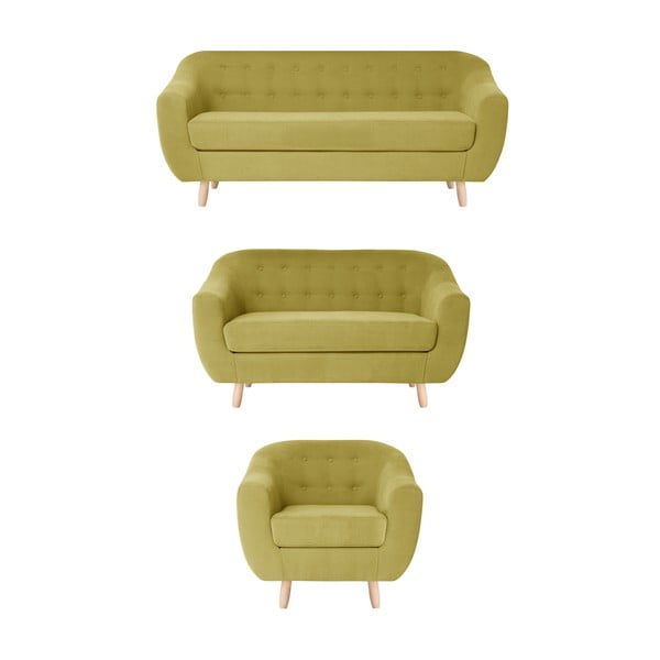 Żółty zestaw fotela i 2 sof dwuosobowej i trzyosobowej Jalouse Maison Vicky