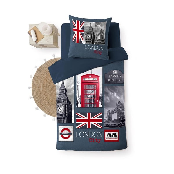 Ciemnoniebieska bawełniana pościel jednoosobowa 140x200 cm City London – douceur d'intérieur