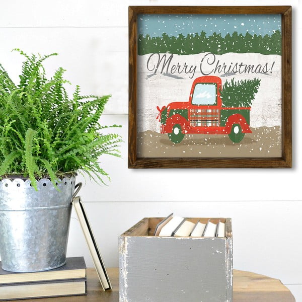 Obraz w ramie z drewna sosnowego Christmas Truck, 34x34 cm