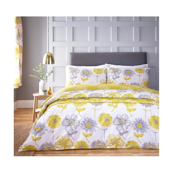 Żółto-biała narzuta na łóżko z kwiatowym motywem Catherine Lansfield, 220x230 cm