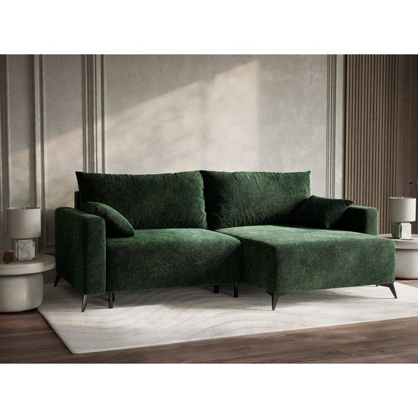 Ciemnozielony rozkładany/ze schowkiem narożnik z tkaniny szenilowej (prawostronny/z szezlongiem) Leon – Maison de Rêve-image-4