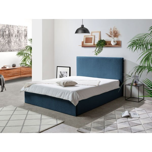 Niebieske tapicerowane łóżko dwuosobowe ze schowkiem ze stelażem 160x200 cm Adele – Bobochic Paris-image-1