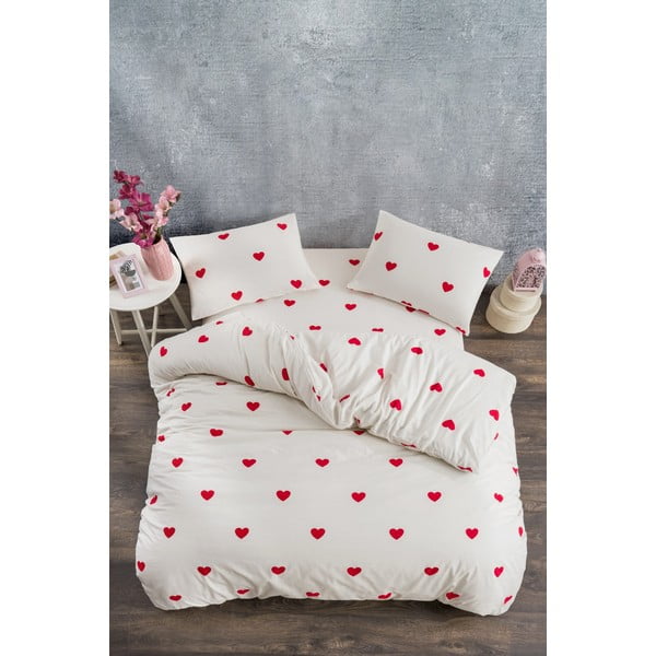 Kremowa pościel dwuosobowa z bawełny renforcé z prześcieradłem 4-częściowa 200x220 cm Mini Hearts – Mila Home