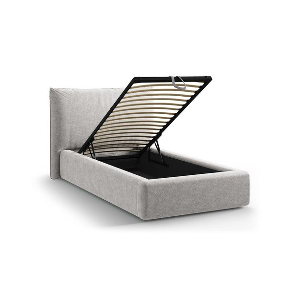 Jasnoszare tapicerowane łóżko jednoosobowe ze schowkiem i stelażem 90x200 cm Kaelle – Micadoni -image-1