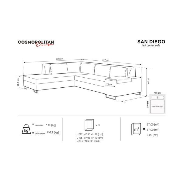 Szara rozkładana sofa lewostronna Cosmopolitan Design San Diego-image-2