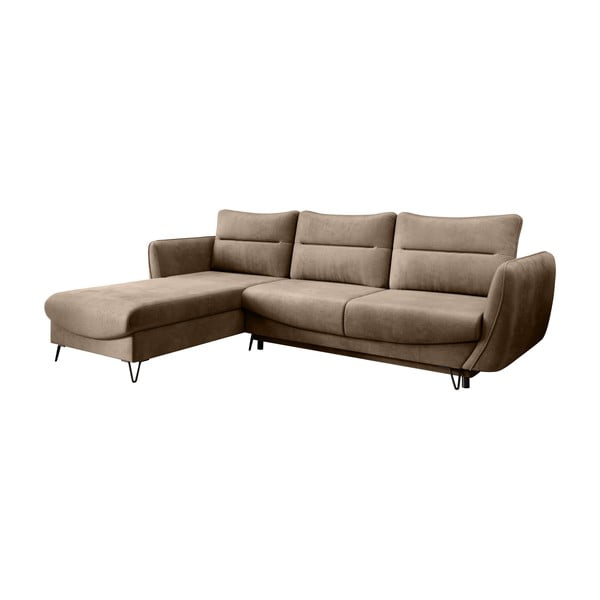 Jasnobrązowy aksamitny rozkładany/ze schowkiem narożnik (lewostronny/z szezlongiem) Silva – ELTAP