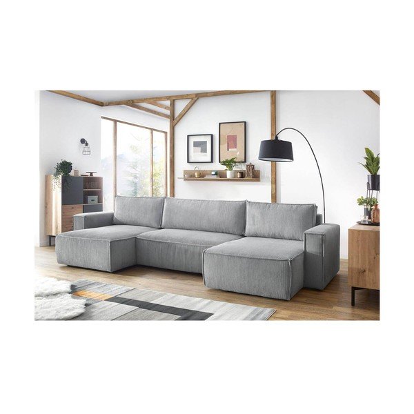 Jasnoszary sztruksowy rozkładany narożnik (w kształcie litery U) Nihad – Bobochic Paris-image-1