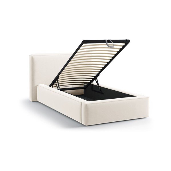 Kremowe tapicerowane łóżko jednoosobowe ze schowkiem i stelażem 90x200 cm Jodie – Micadoni -image-1