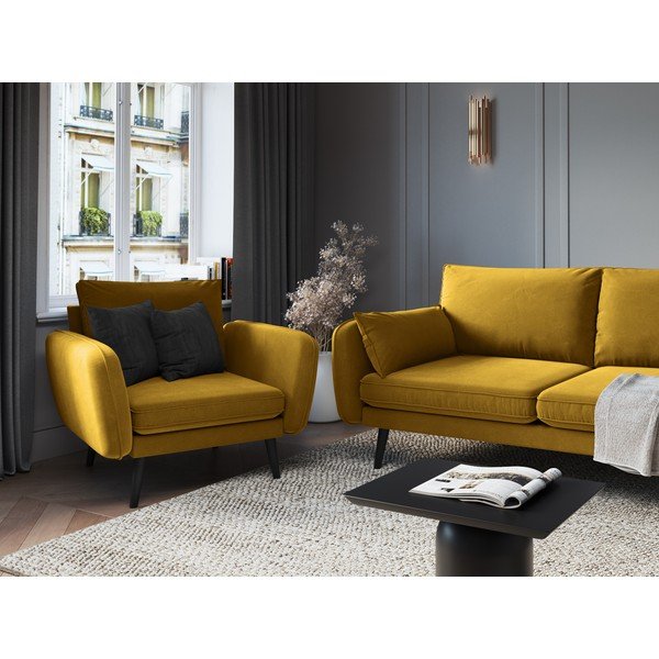 Żółty aksamitny fotel z czarnymi nogami Kooko Home Lento-image-4