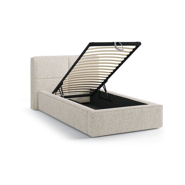 Beżowe tapicerowane łóżko jednoosobowe ze schowkiem i stelażem 90x200 cm Darren – Micadoni -image-1
