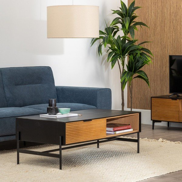 Czarno-naturalny stolik w dekorze jesionu 60x124 cm Orleans – Ixia-image-2