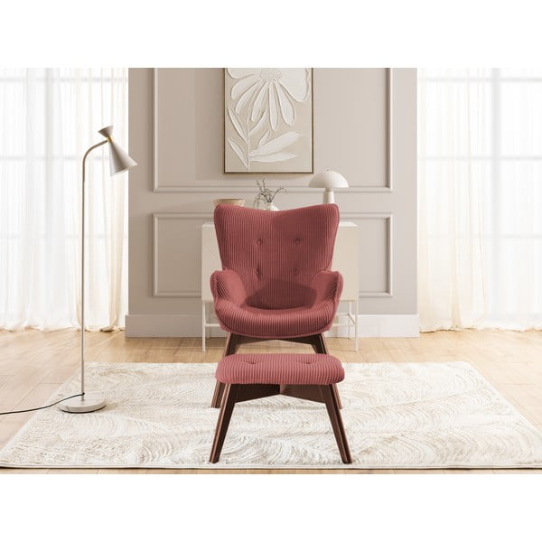 Czerwony sztruksowy fotel z podnóżkiem Niko – Ropez-image-1