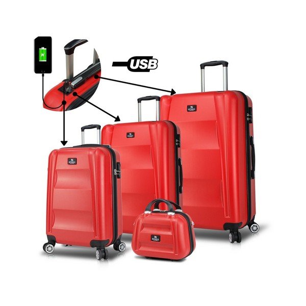 Zestaw 3 czerwonych walizek na kółkach z USB i kuferka podróżnego My Valice LASSO Travel Set-image-4