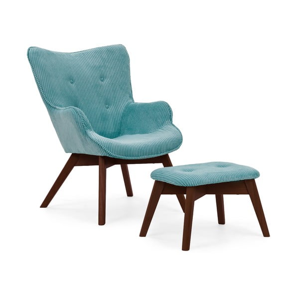 Turkusowy sztruksowy fotel z podnóżkiem Niko – Ropez
