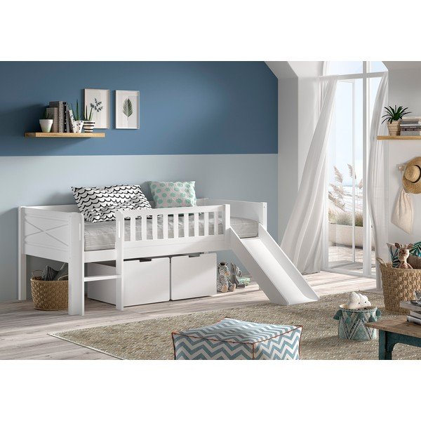 Białe podwyższone łóżko dziecięce z litego drewna sosnowego ze schowkiem i stelażem 90x200 cm Scott – Vipack-image-1