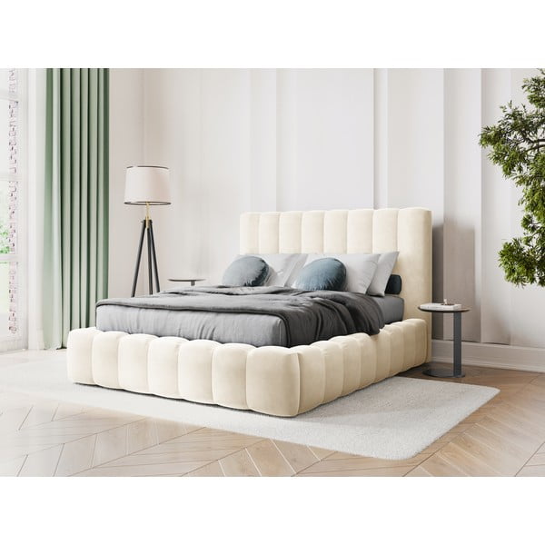 Beżowe tapicerowane łóżko dwuosobowe ze schowkiem i stelażem 180x200 cm Kelp – Micadoni Home-image-1