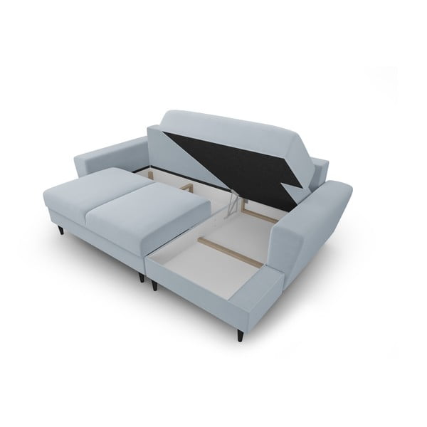 Jasnoniebieski aksamitny rozkładany narożnik ze schowkiem (prawostronny/z szezlongiem) Kyoto – Cosmopolitan Design-image-3