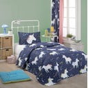 Zestaw narzuty na łóżko i poszewki na poduszkę z domieszką bawełny Eponj Home Magic Unicorn Dark Blue, 160x220 cm