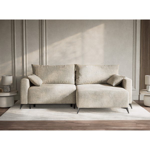 Beżowy rozkładany/ze schowkiem narożnik z tkaniny szenilowej (prawostronny/z szezlongiem) Leon – Maison de Rêve-image-1