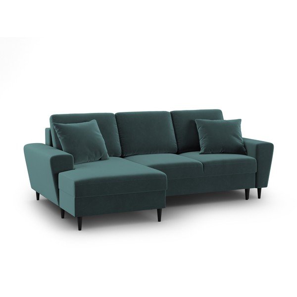 Morski aksamitny rozkładany narożnik ze schowkiem (lewostronny/z szezlongiem) Kyoto – Cosmopolitan Design-image-1