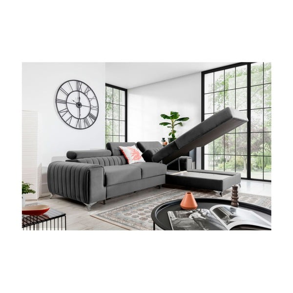 Szary aksamitny rozkładany/ze schowkiem narożnik (prawostronny/z szezlongiem) Grayson – ELTAP-image-3