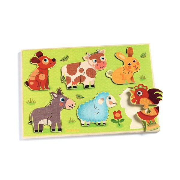 Drewniane puzzle wkładane dla dzieci z motywem zwierząt Djeco