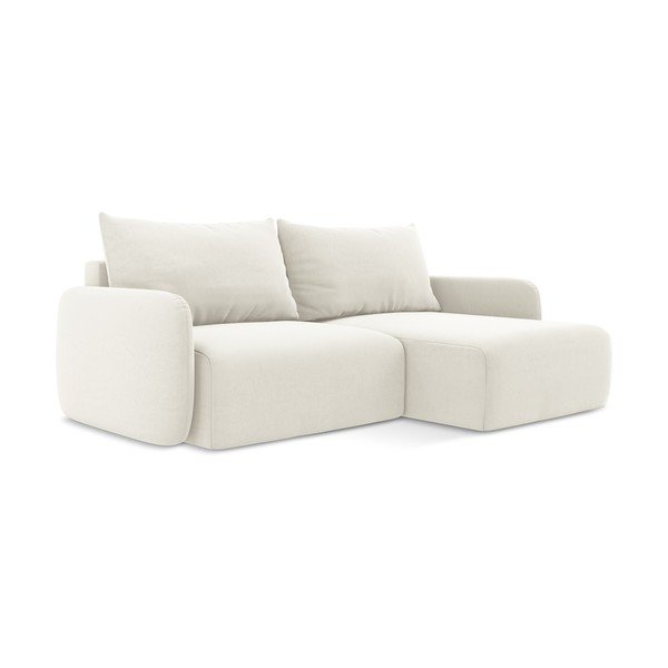 Kremowy aksamitny rozkładany/ze schowkiem narożnik (prawostronny/z szezlongiem) Kalena – Makamii-image-2