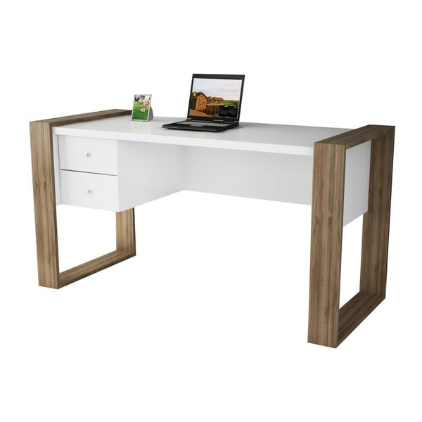 Białe biurko z dekorem drewna orzecha Lord