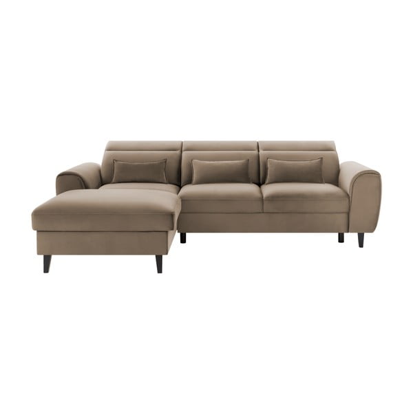 Jasnobrązowy aksamitny rozkładany/ze schowkiem narożnik (lewostronny/z szezlongiem) Foble – ELTAP