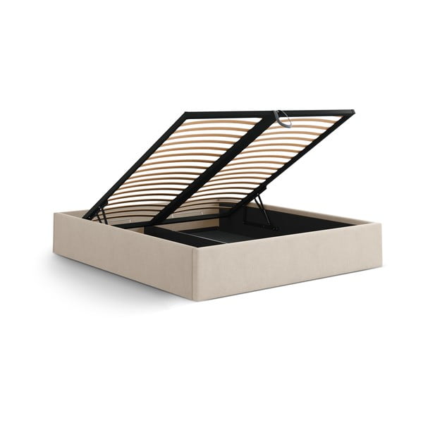 Jasnobrązowe tapicerowane łóżko dwuosobowe ze schowkiem/bez zagłówka ze stelażem 140x200 cm Susan – Micadoni -image-3
