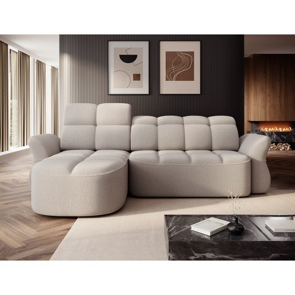 Beżowy rozkładany/ze schowkiem narożnik z materiału bouclé (lewostronny/z szezlongiem) Beneth – ELTAP-image-1