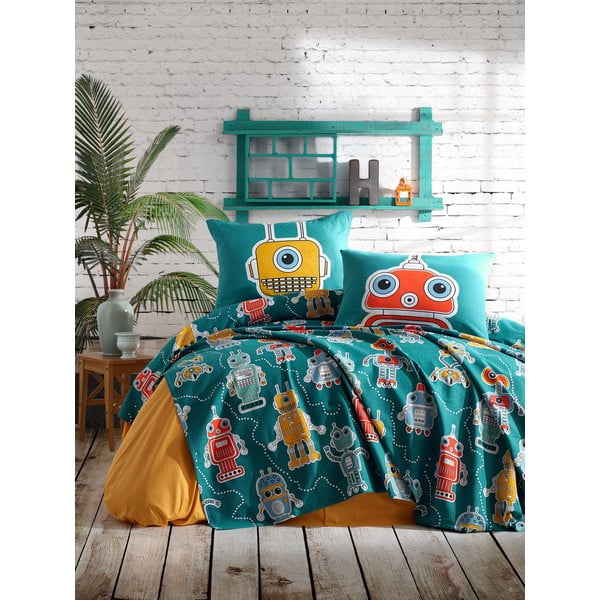 Zestaw narzuty na łóżko i poszewki na poduszkę EnLora Home Robotta Green, 160x235 cm