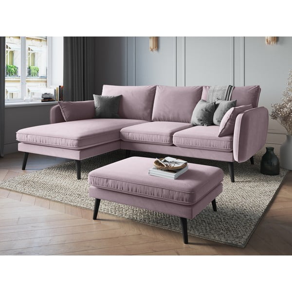 Jasnoróżowy aksamitny narożnik z czarnymi nogami Kooko Home Lento, lewostronny-image-1