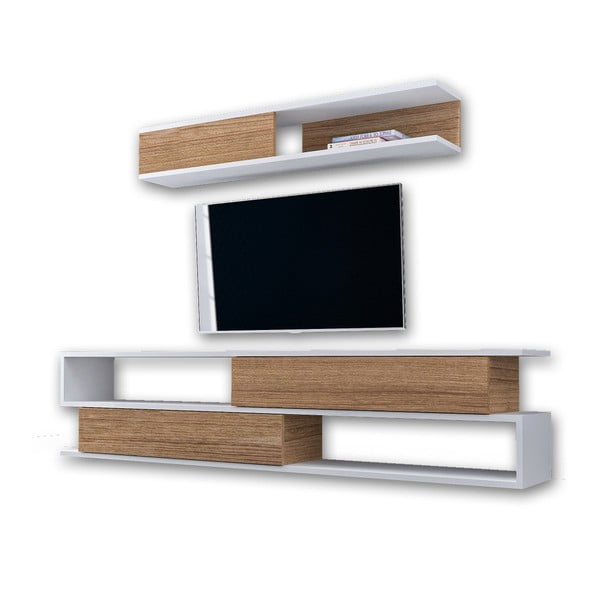 Komplet białej szafki pod TV i półki z dekorem drewna orzechowego Manyetik