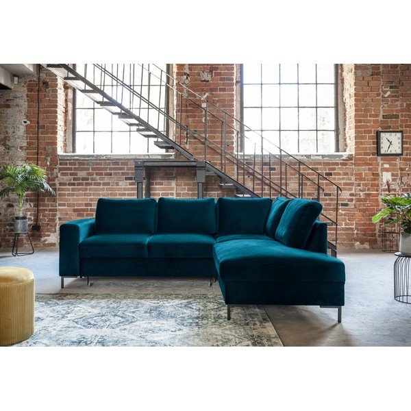 Turkusowy aksamitny rozkładany narożnik (prawostronny) Lofty Lilly – Miuform-image-3