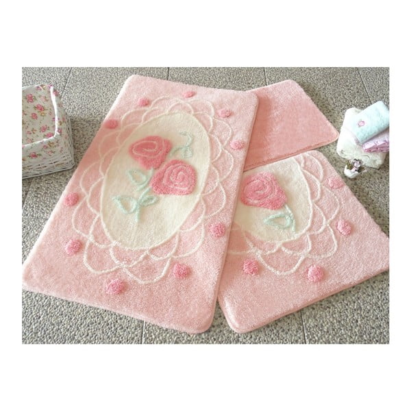 Zestaw trzech różowych dywaników łazienkowych z motywem róż Knit Knot
