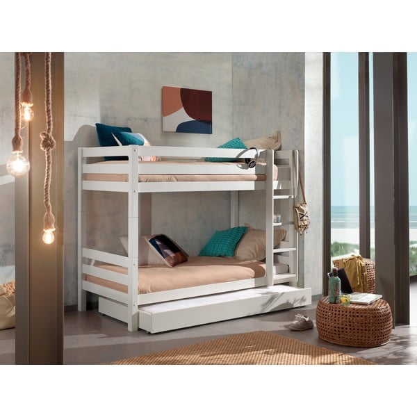 Białe piętrowe łóżko dziecięce z litego drewna sosnowego ze schowkiem z wysuwanym łóżkiem 90x200 cm PINO – Vipack-image-1