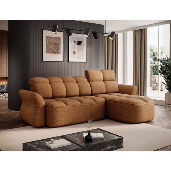 Żółty/brązowy aksamitny rozkładany/ze schowkiem narożnik (prawostronny/z szezlongiem) Beneth – ELTAP-image-1