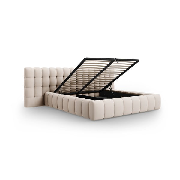 Beżowe tapicerowane łóżko dwuosobowe ze schowkiem i stelażem 160x200 cm Mamaia – Micadoni Home-image-3