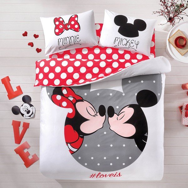 Bawełniana pościel dwuosobowa z prześcieradłem TAC Mickey&Minnie, 200x220 cm