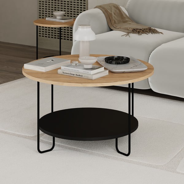 Czarny okrągły stolik z blatem w dekorze dębu ø 80 cm Tonka – Marckeric-image-2