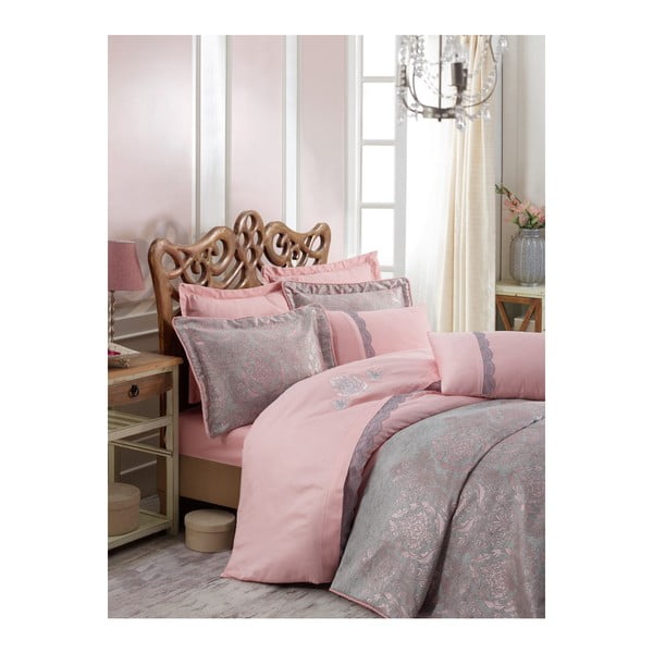 Różowo-szara narzuta na łóżko dwuosobowe z poszewkami na poduszki Ornella, 250x260 cm
