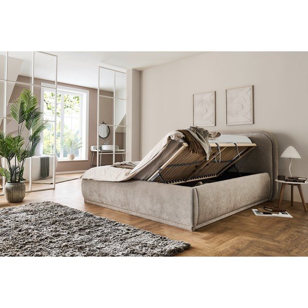 Beżowe tapicerowane łóżko dwuosobowe ze schowkiem ze stelażem 160x200 cm Soma – Meise Möbel-image-1