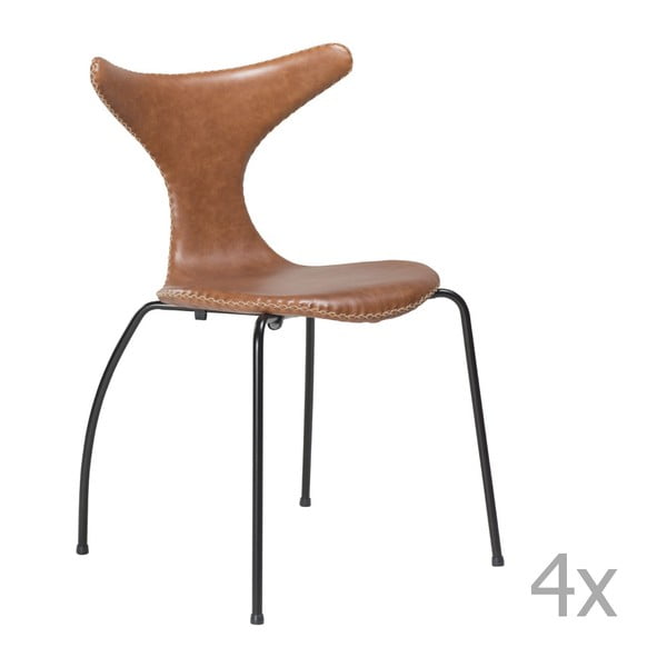 Zestaw 4 brązowych krzeseł skórzanych z czarnym metalowymi nogami DAN– FORM Dolphin