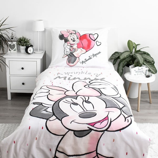 Biało-różowa bawełniana pościel dziecięca jednoosobowa 140x200 cm Minnie "White" – Jerry Fabrics-image-1