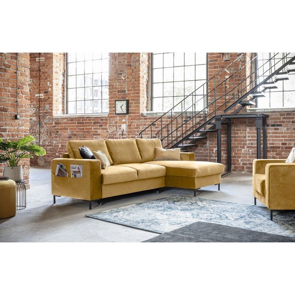 Musztardowożółty aksamitny narożnik rozkładany Miuform Lofty Lilly, prawostronny-image-4