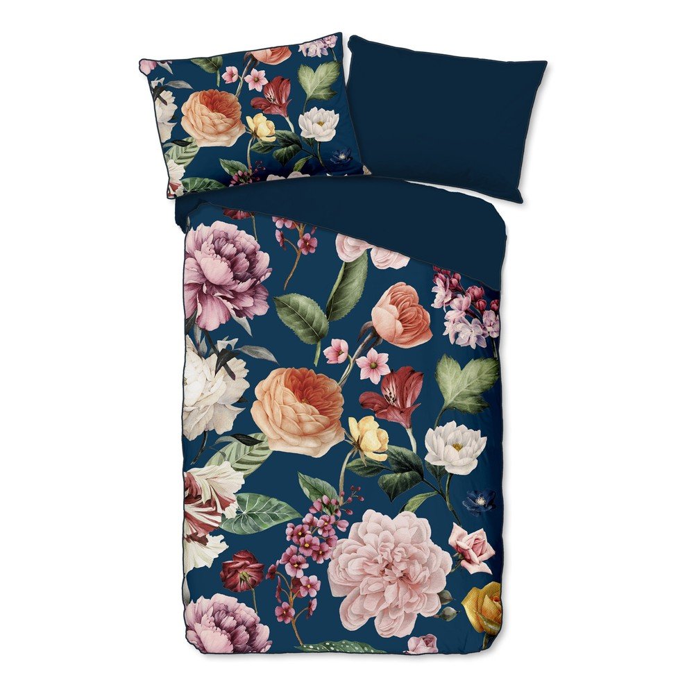 Ciemnoniebieska pościel jednoosobowa z satyny bawełnianej 140x220 cm Fiori – Descanso