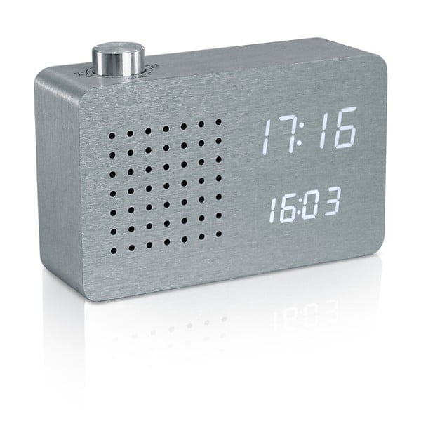 Szary budzik z białym wyświetlaczem LED i radiem Gingko Radio Click Clock
