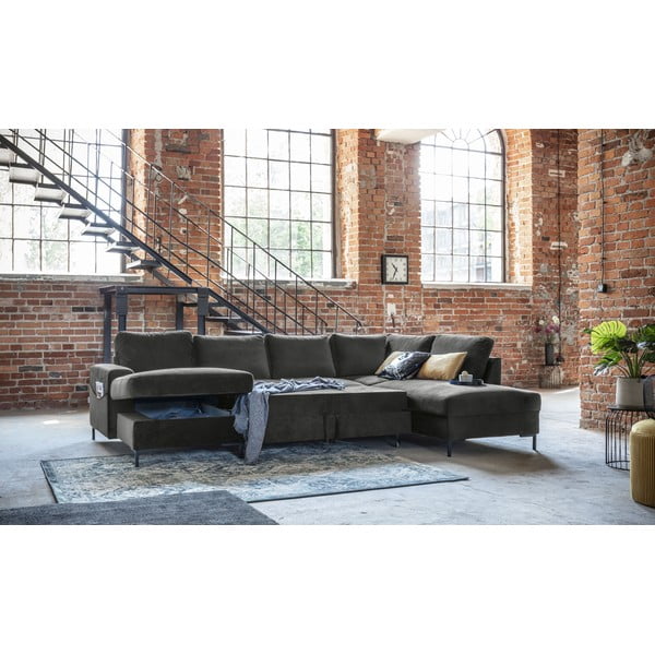 Ciemnoszara aksamitna rozkładana sofa w kształcie litery "U" Miuform Lofty Lilly, prawostronna-image-3