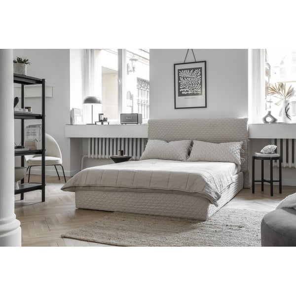 Beżowe tapicerowane łóżko dwuosobowe ze schowkiem i stelażem 140x200 cm Sleepy Luna – Miuform-image-4